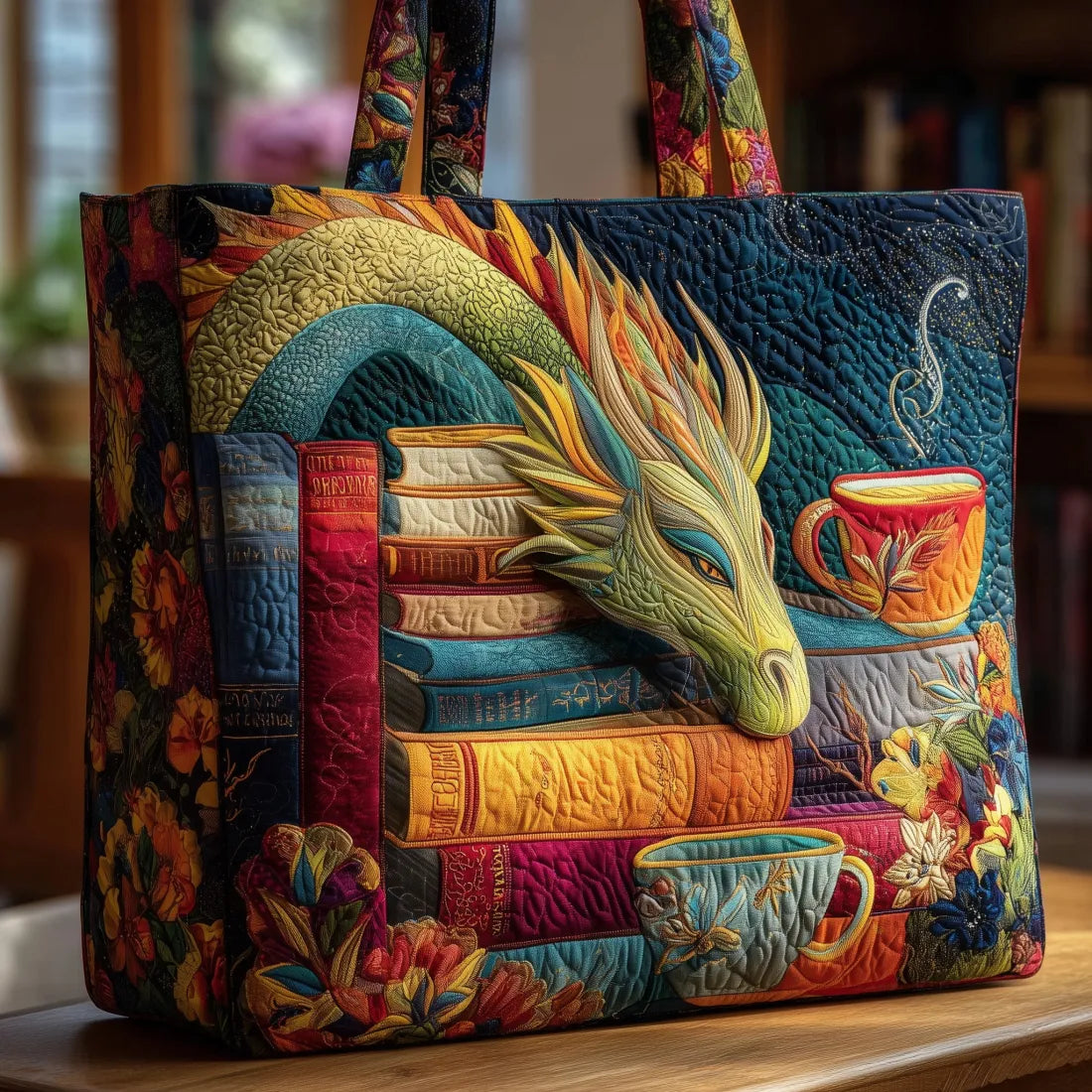 Bolsa Artesanal – Dragón Lector con Libros y Tazas
