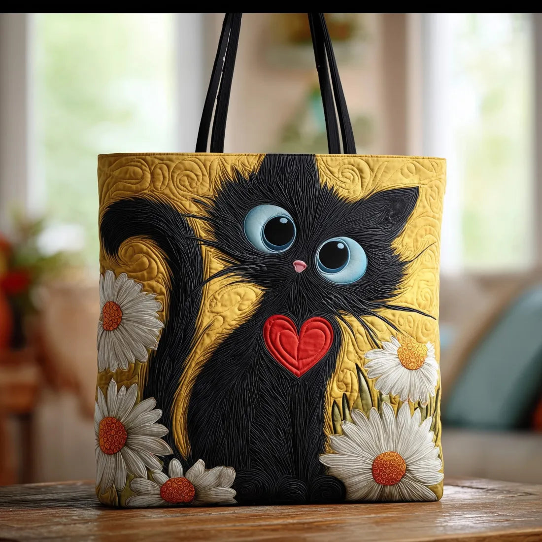 Bolsa Artesanal – Gato Negro con Margaritas