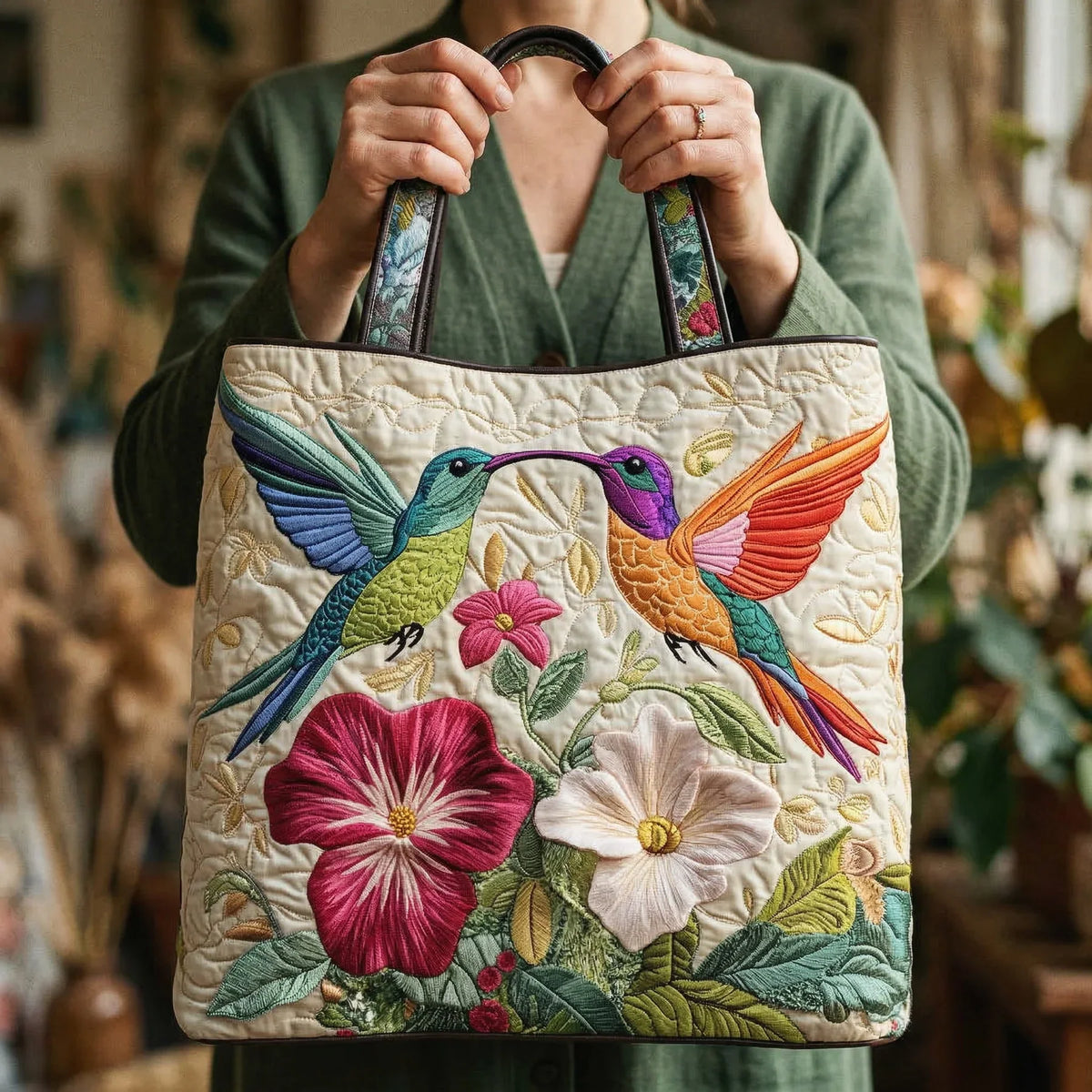 Bolsa Acolchada – Colibrí y Flores Blancas