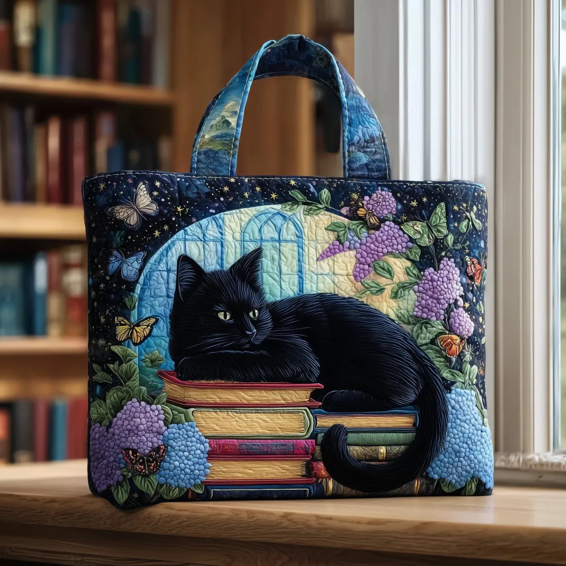 Bolsa Artesanal – Gato Negro sobre Libros y Tazas
