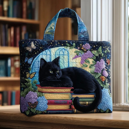 Bolsa Artesanal – Gato Negro sobre Libros y Tazas
