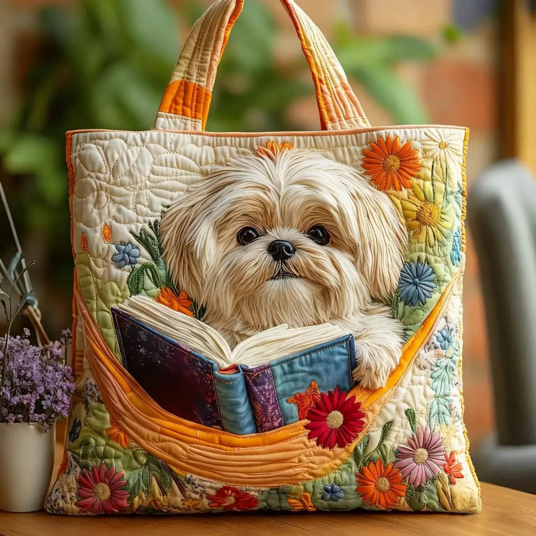 Bolsa Artesanal – Shih Tzu con Libros y Flores