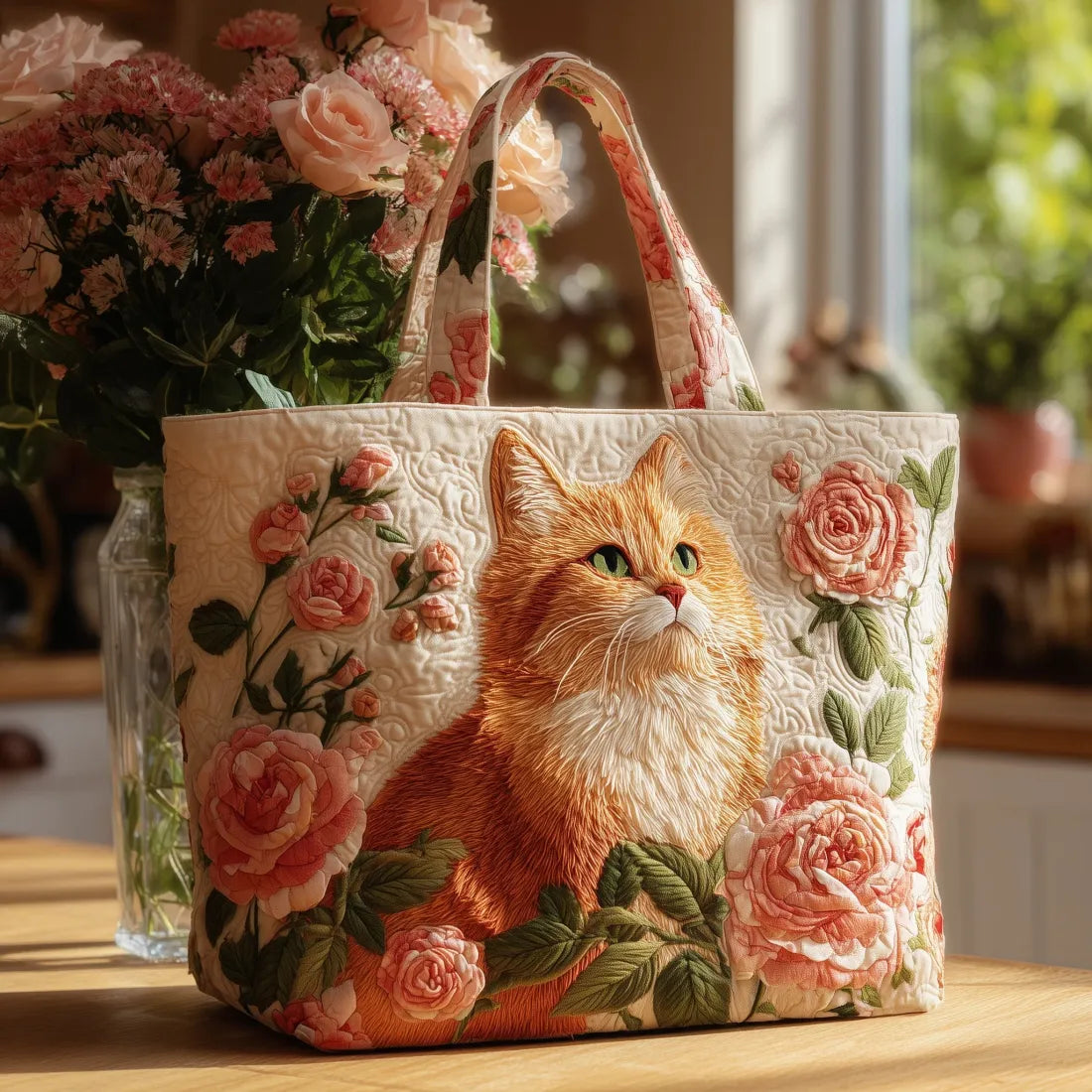 Bolsa Artesanal – Gato Naranja con Rosas