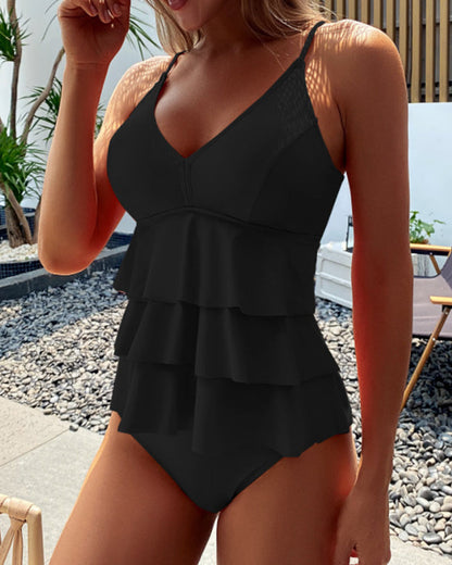 Traje de baño liso con volantes elegantes