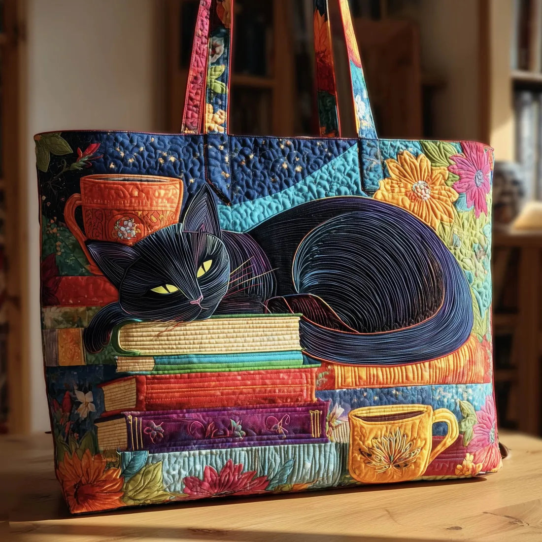 Bolsa Artesanal – Gato Negro con Libros y Tazas