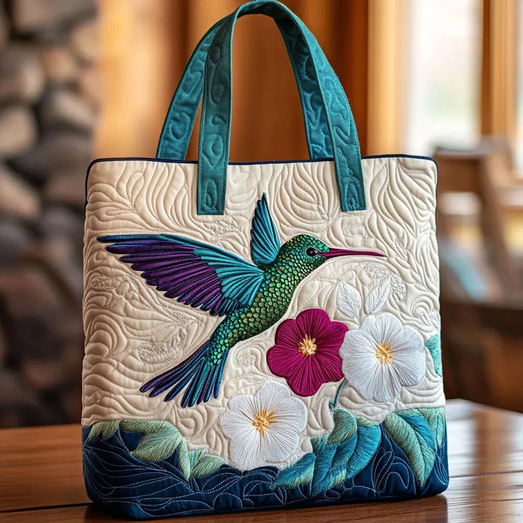 Bolsa Acolchada – Colibrí y Flor Blanca