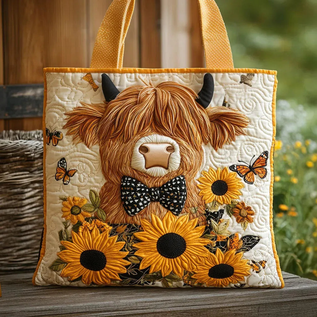 Bolsa Acolchada – Vaca Highland con Girasoles