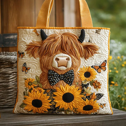 Bolsa Acolchada – Vaca Highland con Girasoles