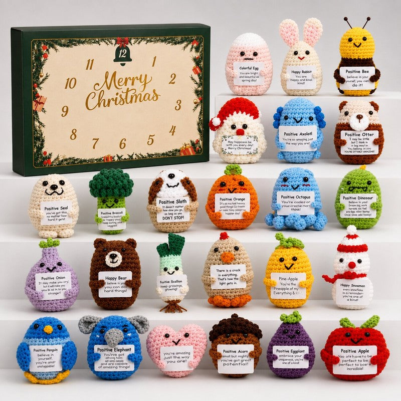 Calendario de Adviento con figuras de aspecto tejido a crochet - Cuenta regresiva de 24 días