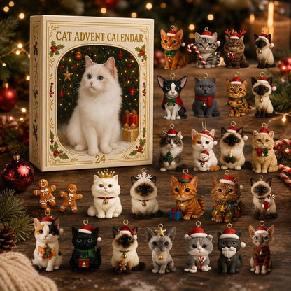 Calendario de Adviento para gatos - cuenta regresiva de 24 compartimentos con adornos de gatos