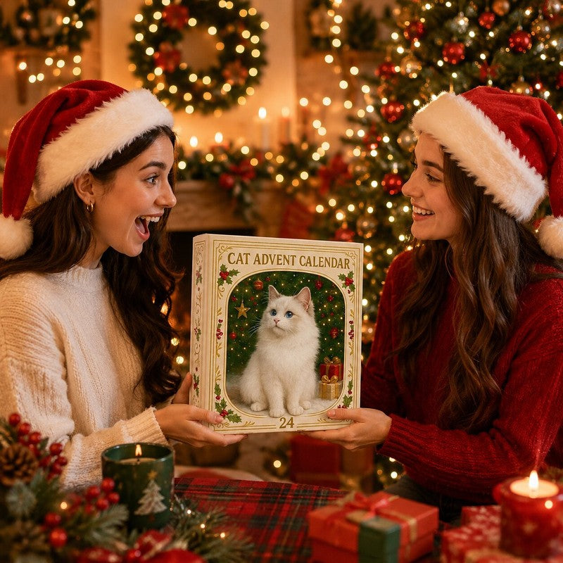 Calendario de Adviento para gatos - cuenta regresiva de 24 compartimentos con adornos de gatos