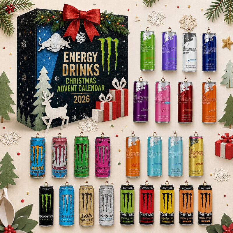 Calendario de Adviento de bebidas energéticas - 24 latas en miniatura con motivos navideños