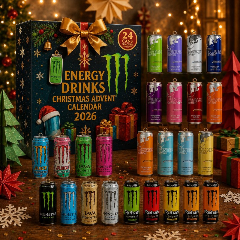 Calendario de Adviento de bebidas energéticas - 24 latas en miniatura con motivos navideños