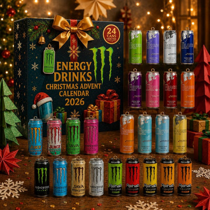 Calendario de Adviento de bebidas energéticas - 24 latas en miniatura con motivos navideños