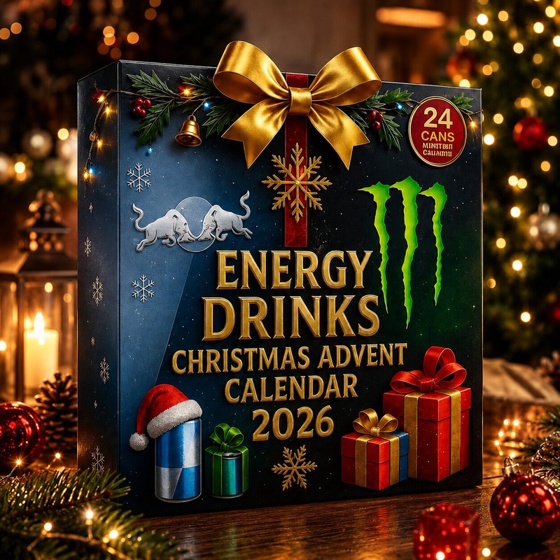 Calendario de Adviento de bebidas energéticas - 24 latas en miniatura con motivos navideños