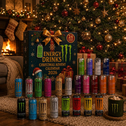 Calendario de Adviento de bebidas energéticas - 24 latas en miniatura con motivos navideños