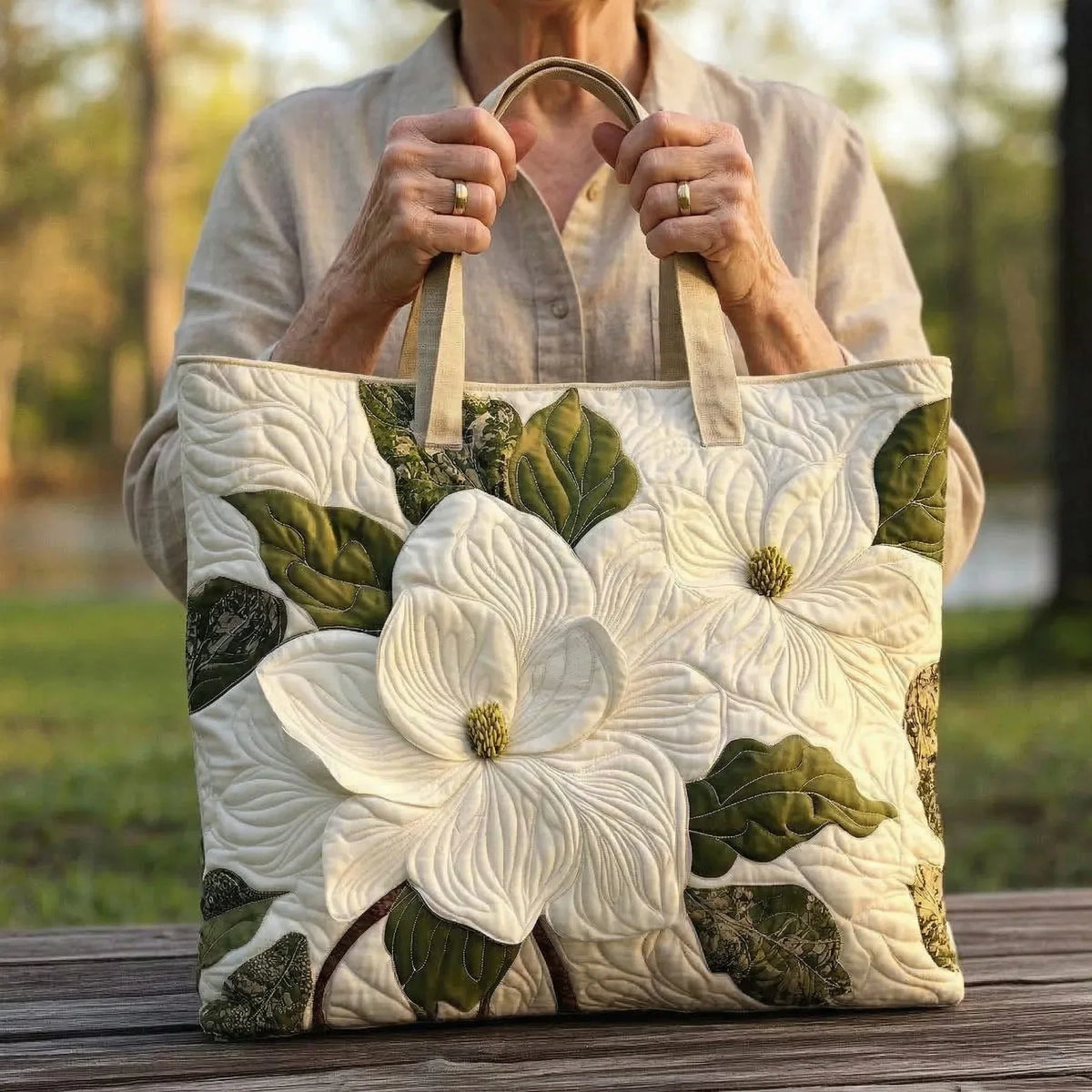 Bolsa Artesanal Acolchada – Lirios Blancos Elegantes