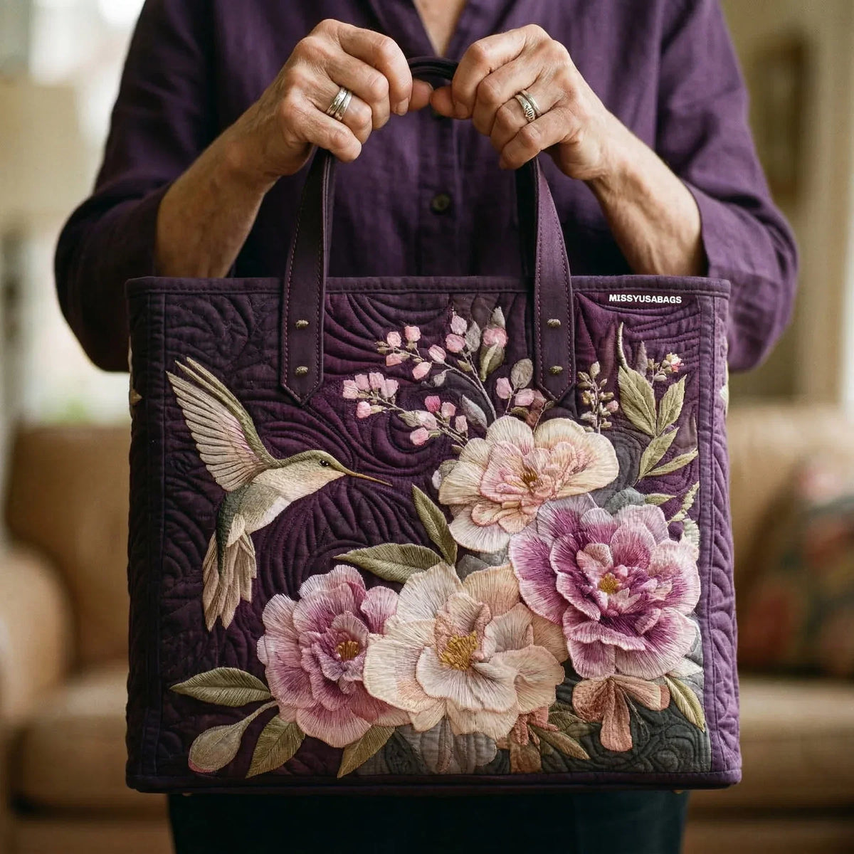 Bolsa Artesanal Acolchada – Colibríes y Orquídeas