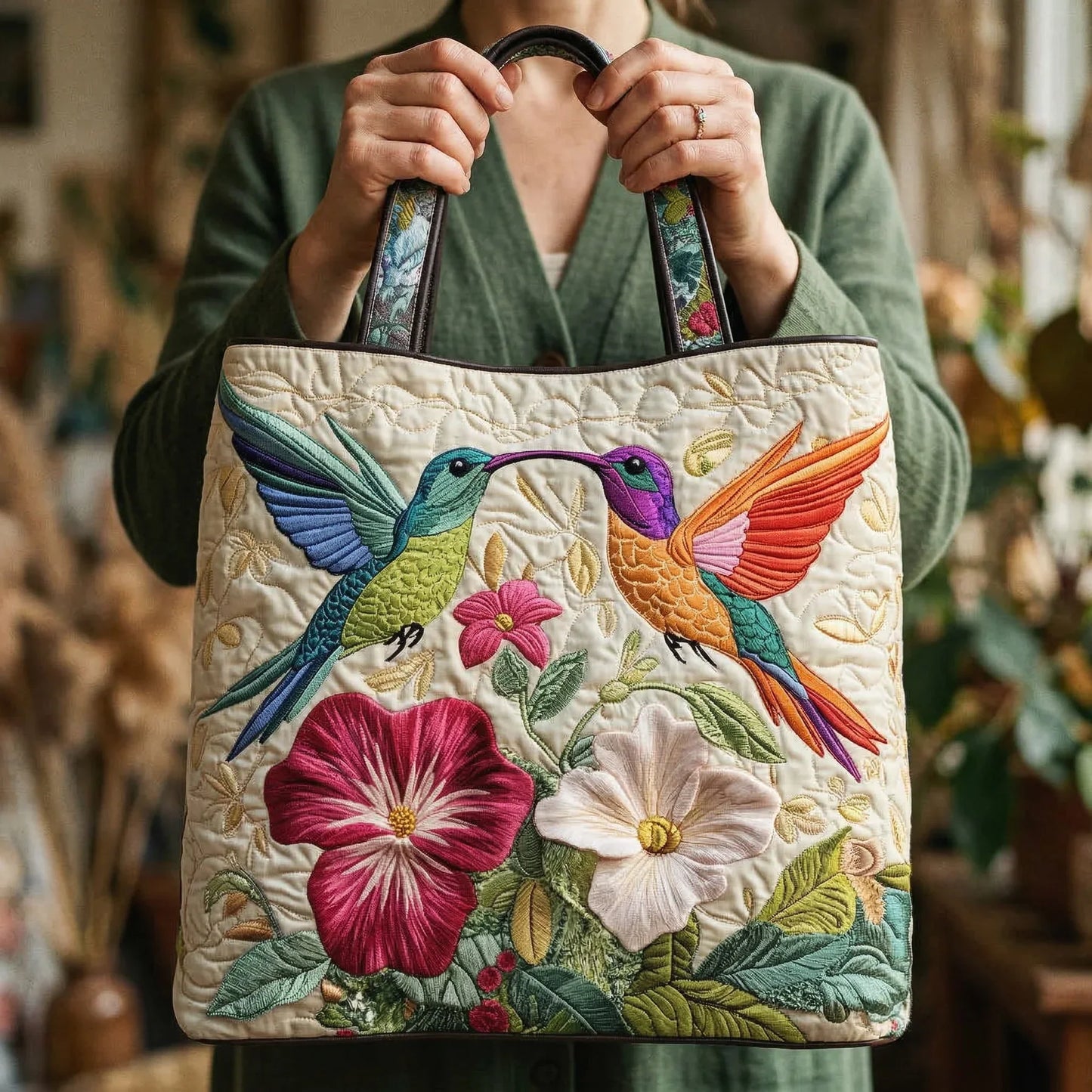 Bolsa Acolchada – Colibrí y Flores Blancas
