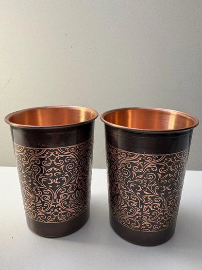 Juego de 2 vasos de cobre con motivo floral