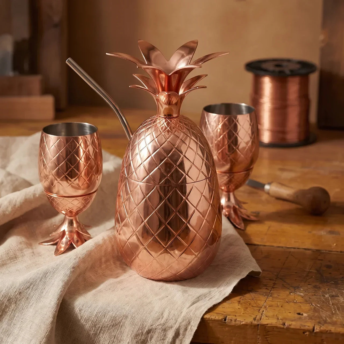 Juego de vasos de cobre Piña martillados a mano