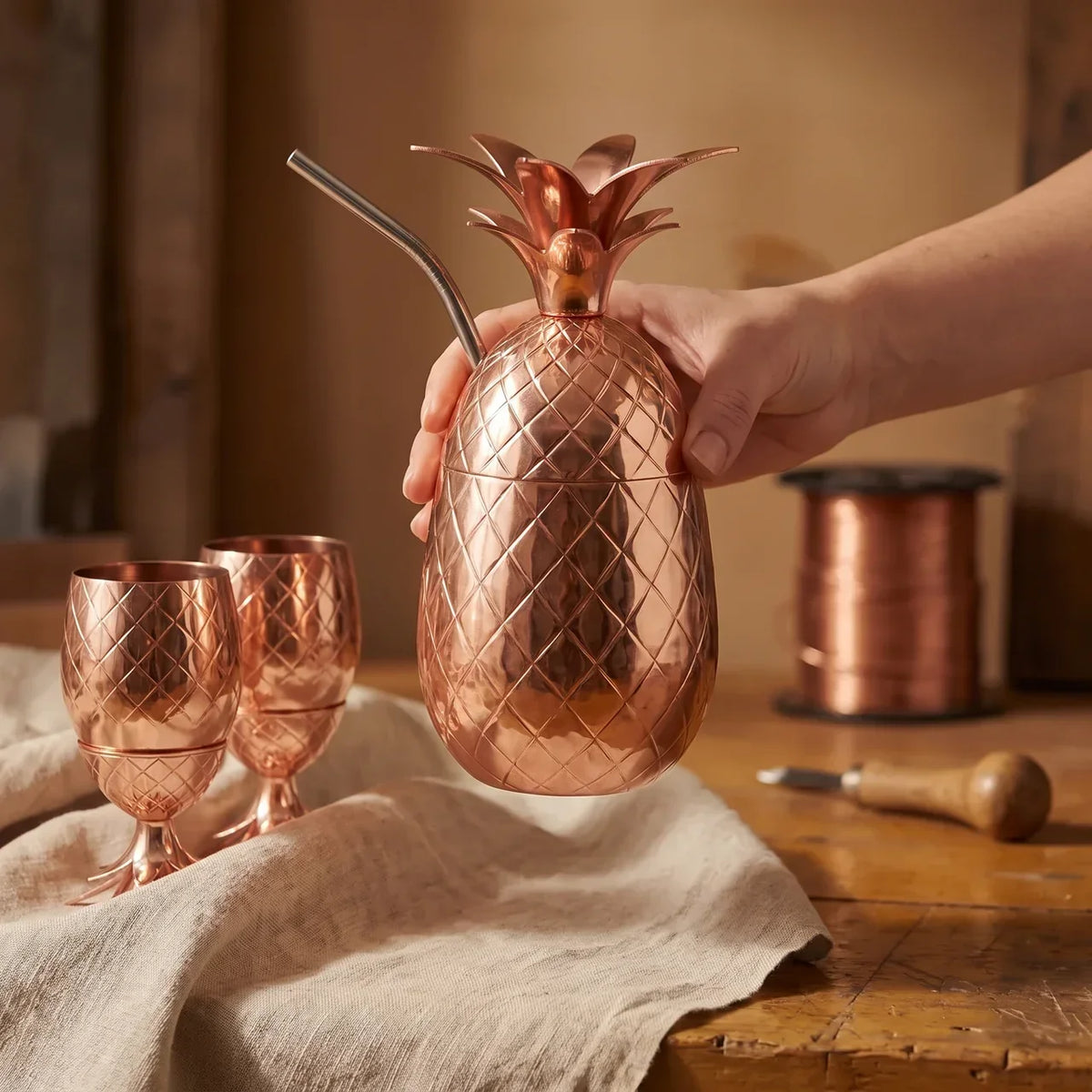 Juego de vasos de cobre Piña martillados a mano