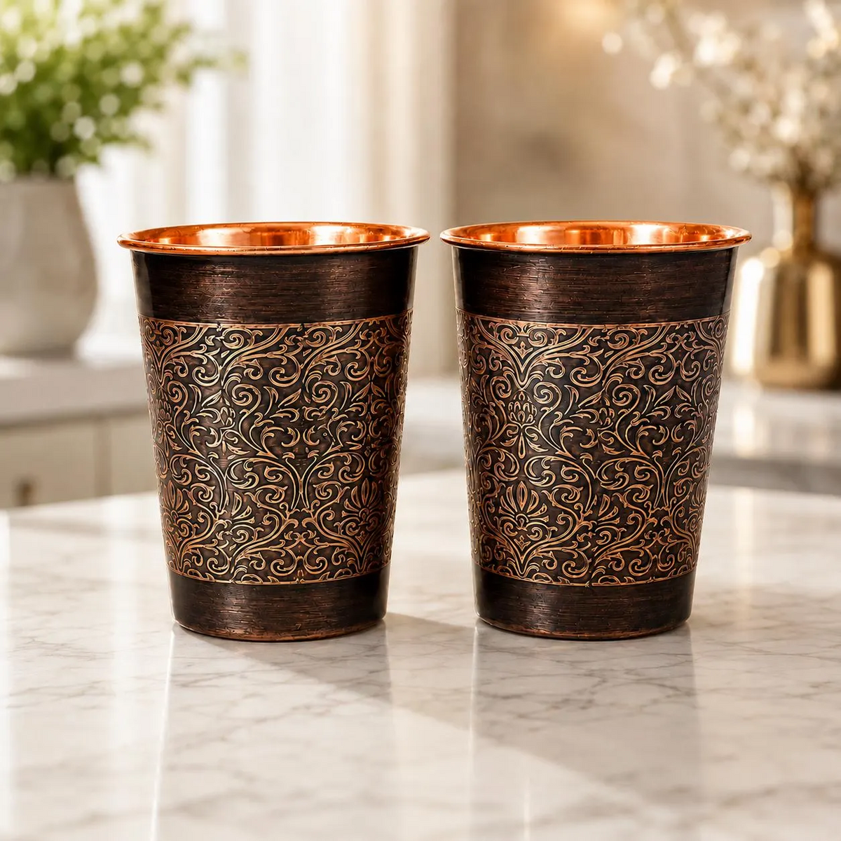 Juego de 2 vasos de cobre con motivo floral