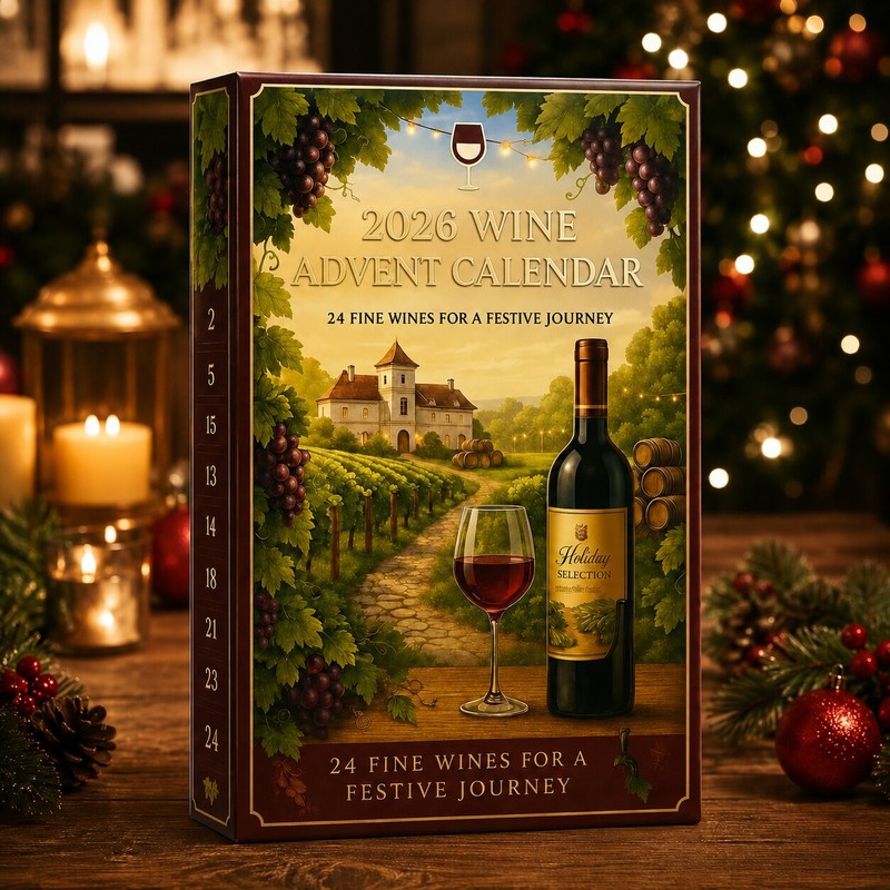 Calendario de Adviento del vino 2026 - caja de regalo con cuenta regresiva de 24 compartimentos